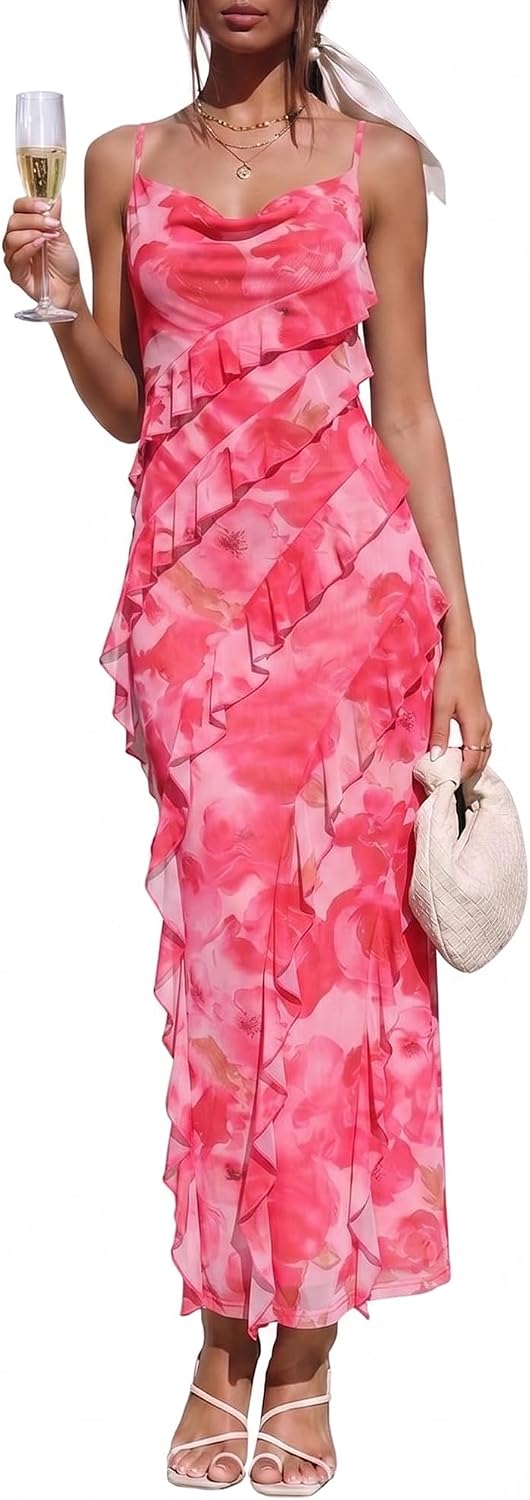Wedding Guest Dress for Women Ruffle Spaghetti Strap Formal Dresses