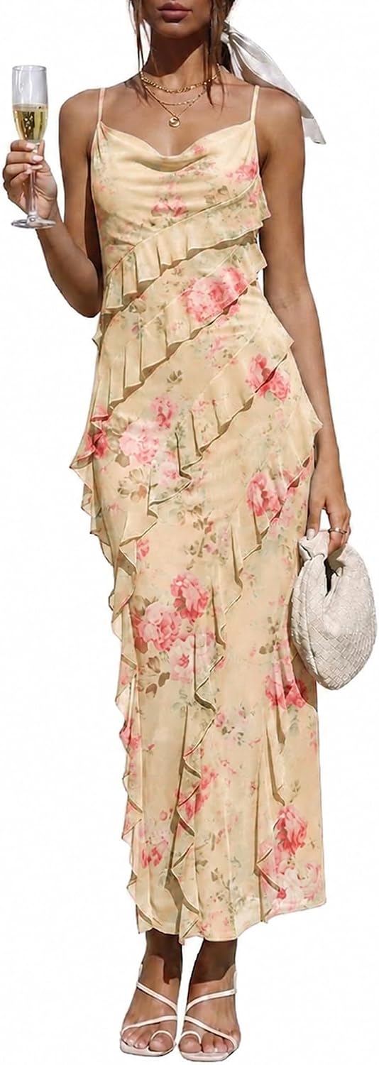 Wedding Guest Dress for Women Ruffle Spaghetti Strap Formal Dresses
