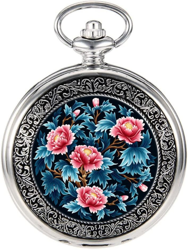 Quartz Beautiful Peony Bird Enamel Painting Steampunk Silver Pocket Wa
