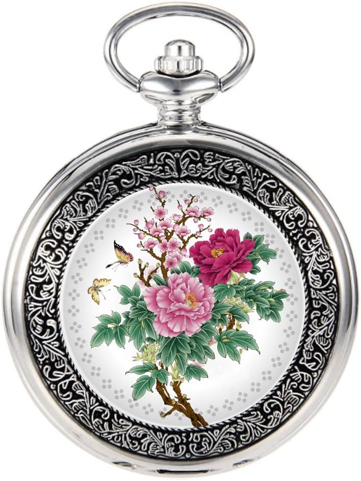 Quartz Beautiful Peony Bird Enamel Painting Steampunk Silver Pocket Wa
