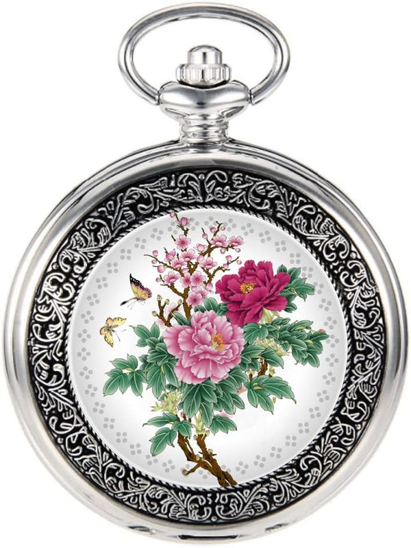 Quartz Beautiful Peony Bird Enamel Painting Steampunk Silver Pocket Wa