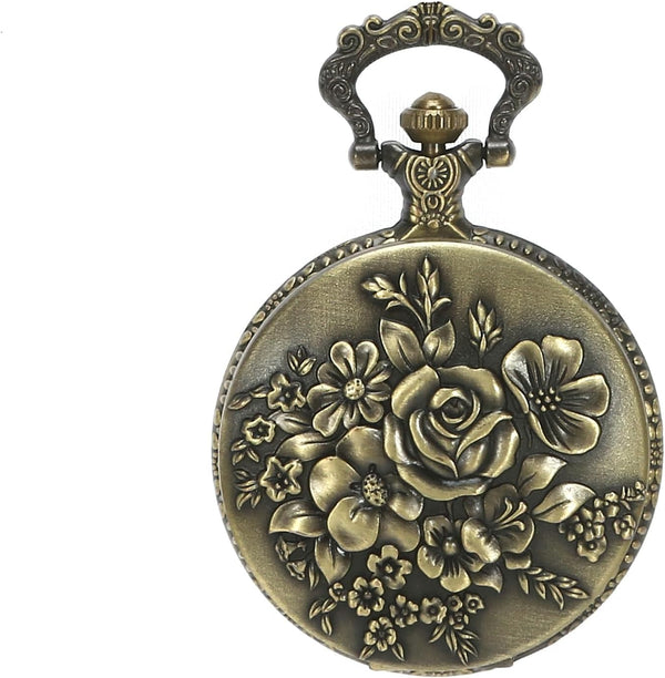 Retro Flower Openwork Cover Quartz Pocket Watch with Chain Half Hunter