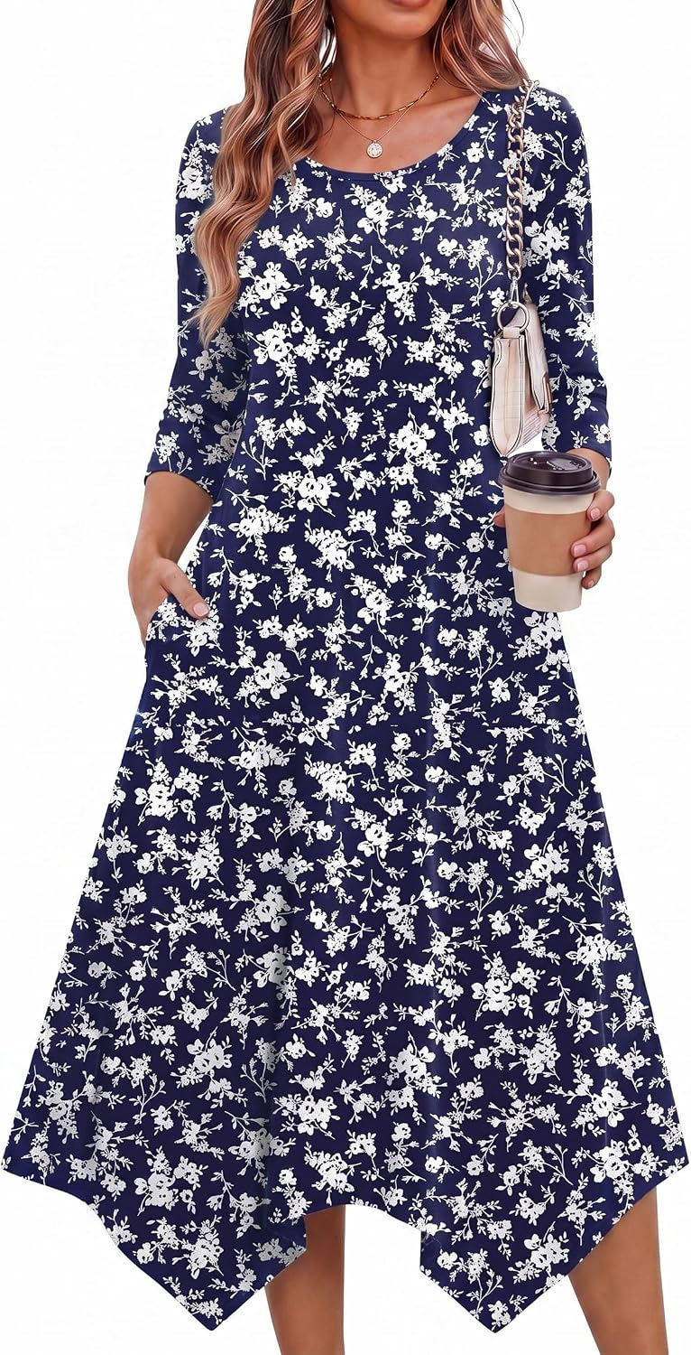 Zeagoo Midi Dresses Women 2026 Dress 3/4 Sleeve A Line Casual Dresses with Pockets