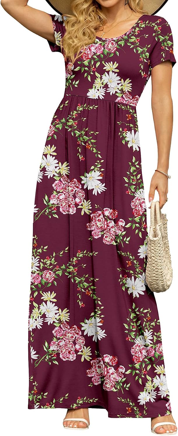 DB MOON Women's Summer Maxi Dress Casual Short Sleeve Empire Waist Pockets