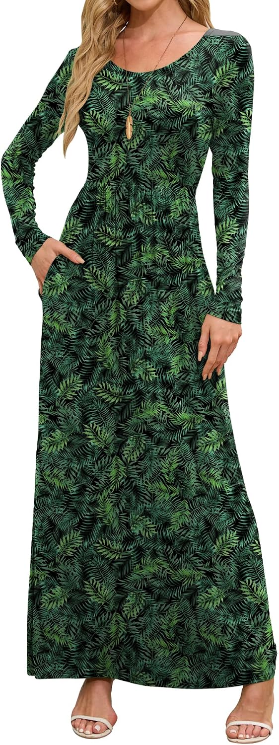 DEARCASE Women's Maxi Dress Long Sleeve Crewneck Empire Waist Long Dresses