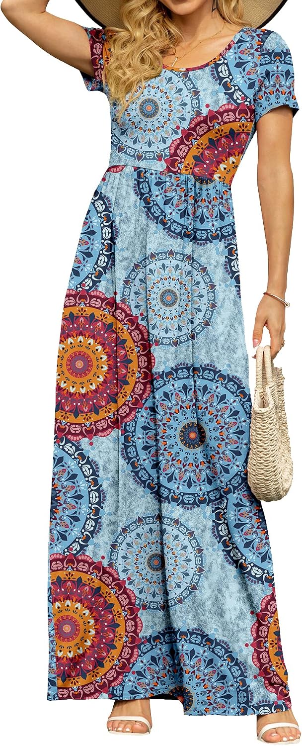 DB MOON Women's Summer Maxi Dress Casual Short Sleeve Empire Waist Pockets