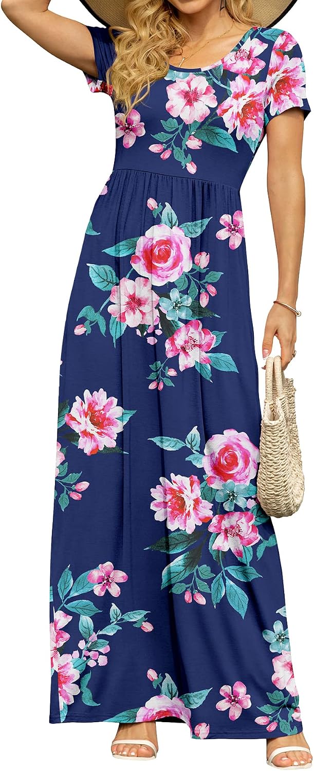 DB MOON Women's Summer Maxi Dress Casual Short Sleeve Empire Waist Pockets