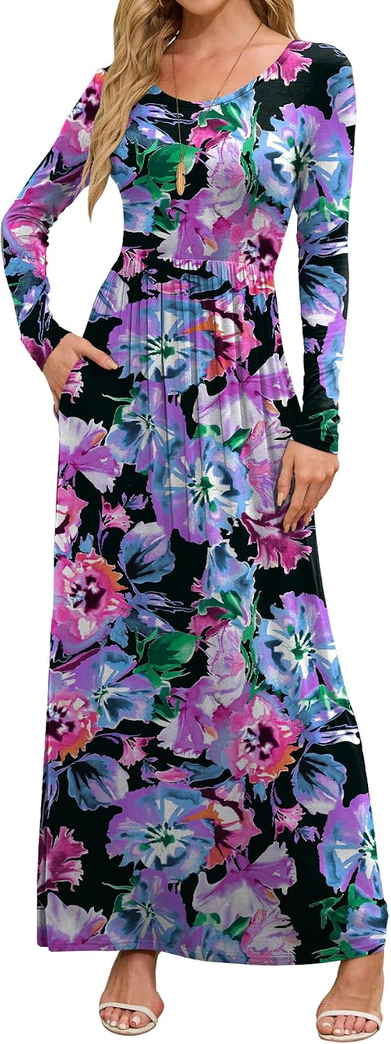 DEARCASE Women's Maxi Dress Long Sleeve Crewneck Empire Waist Long Dresses