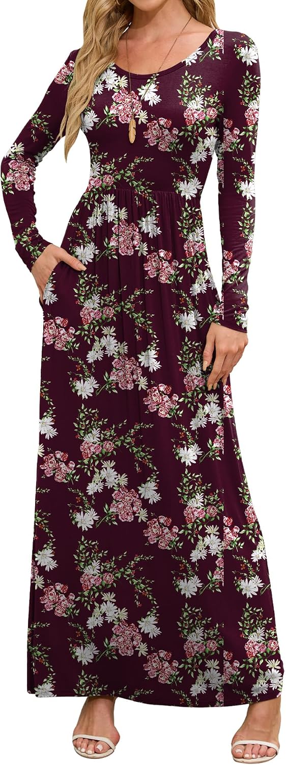 DEARCASE Women's Maxi Dress Long Sleeve Crewneck Empire Waist Long Dresses