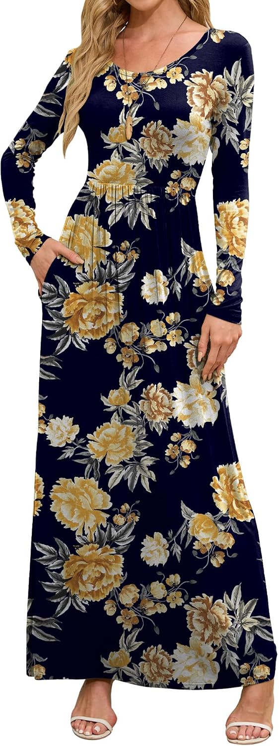 DEARCASE Women's Maxi Dress Long Sleeve Crewneck Empire Waist Long Dresses
