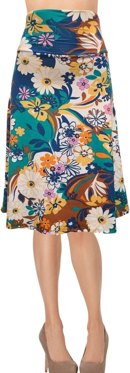 Women's A-Line Foldover Lightweight Flare Midi Pull On Closure Skirt