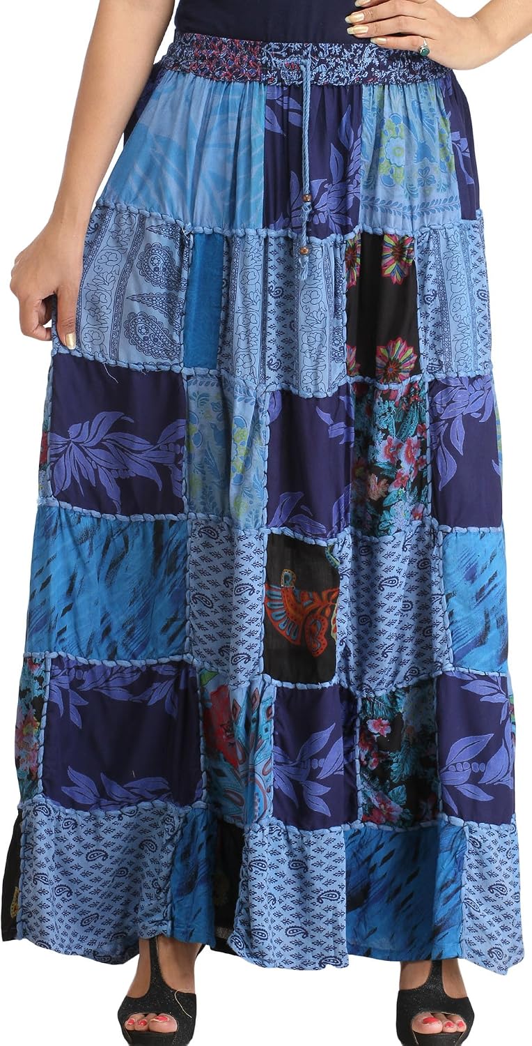 Exotic India Long Printed Dori Skirt from Gujarat with Patch Work - Rayon