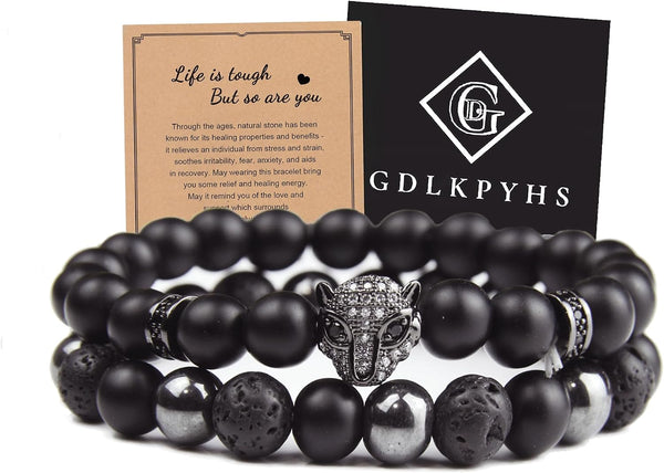 Black Obsidian Bracelet for Men - Black Tourmaline Beaded Bracelets - Mens Bracelet Set 8MM Black Onyx Hematite Lava Stone Beads Triple Protection Bracelet for Men Women Gifts