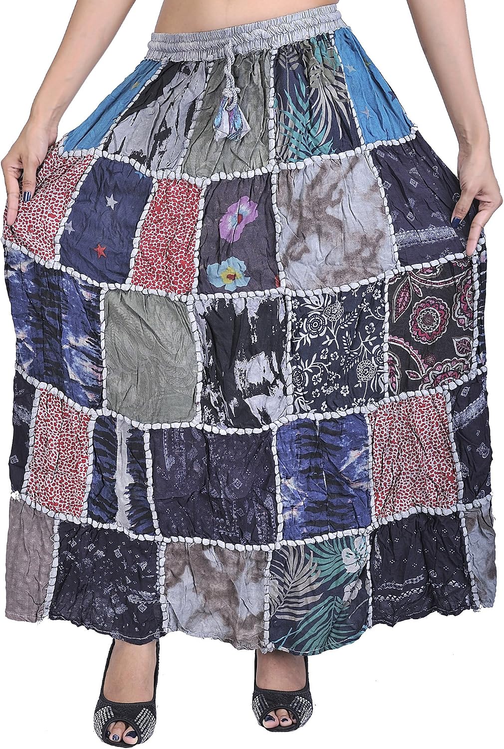 Exotic India Long Printed Dori Skirt from Gujarat with Patch Work - Rayon
