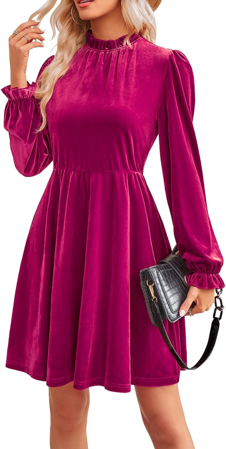 Jayscreate Women's Long Sleeve Winter Fall Wedding Guest Velvet Short Dress