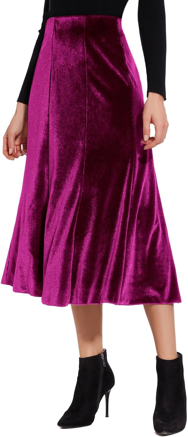 Women’s Elegant Vintage Velvet Midi Skirt Flowy 8-Panel Design