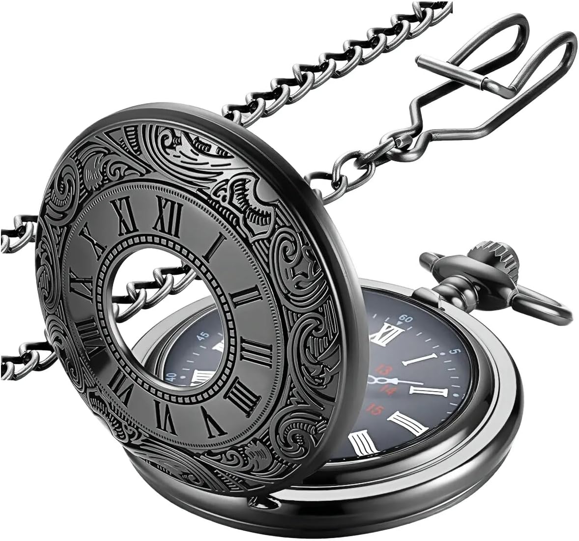 Vintage Roman Numeral Quartz Pocket Watch with Chain Secondary image