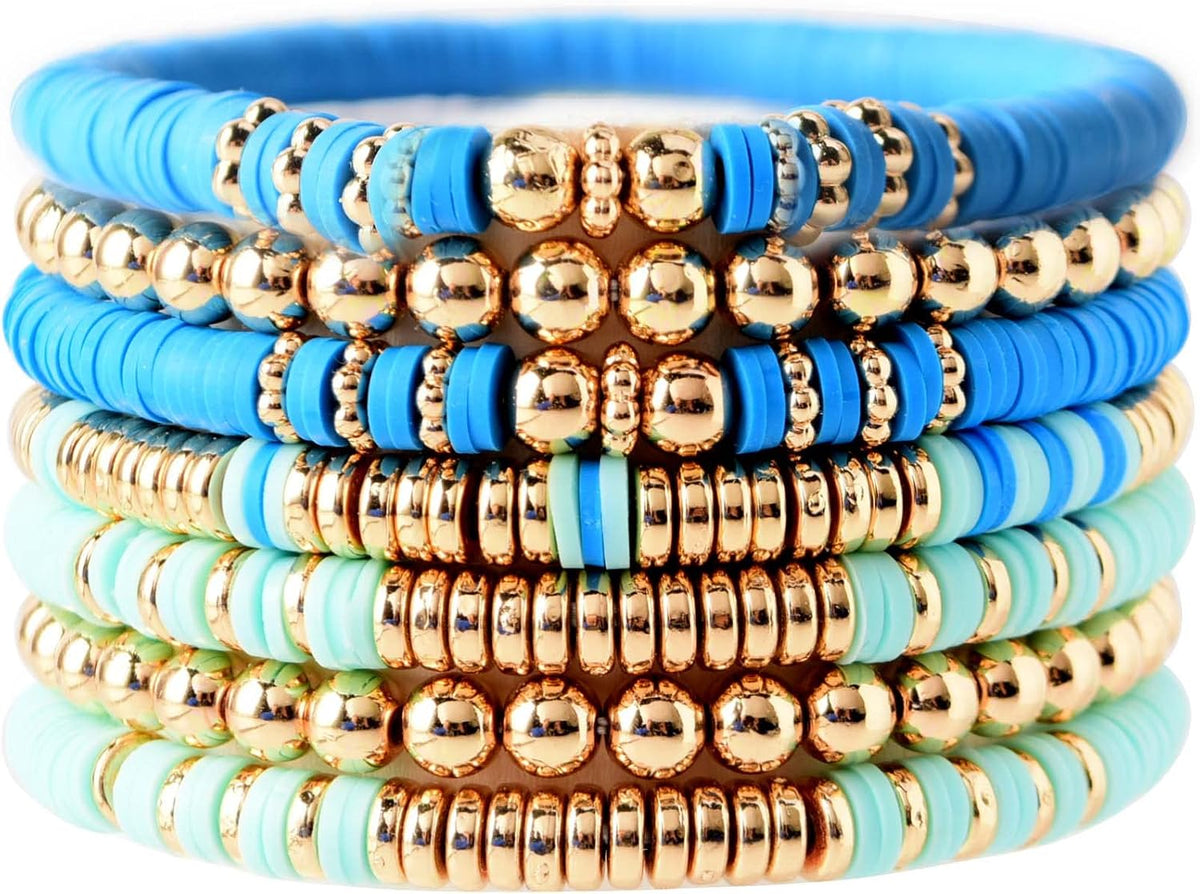 Surfer Heishi Clay Bead Bracelets for Women Bohemian Stackable Gold Plated Beaded Stretch Bracelets Elastic Layering Friendship Bracelets Set Boho Jewelry