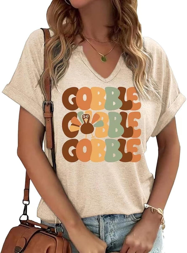 Earlymemb Women Fall Halloween Doodles V Neck Shirt Thanksgiving Casual Tee