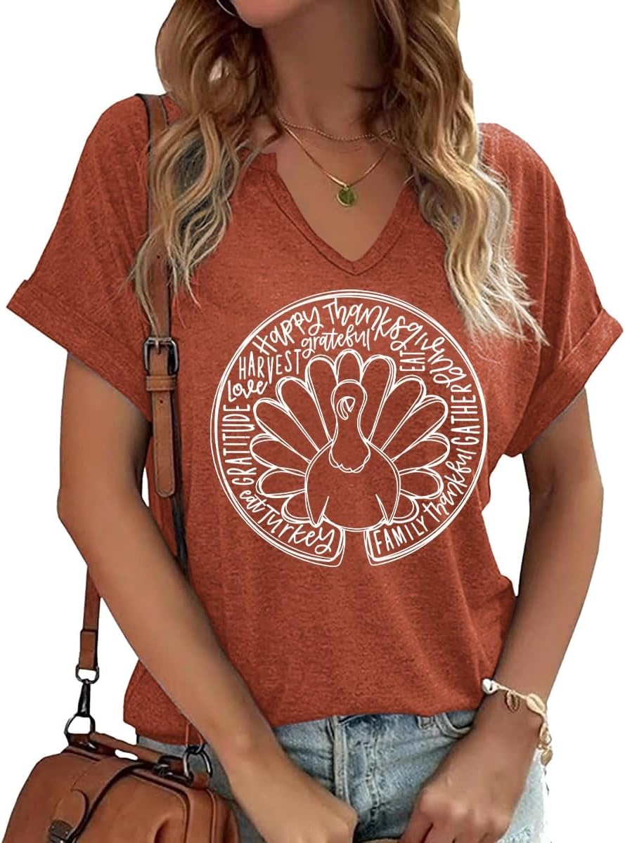 Earlymemb Women Fall Halloween Doodles V Neck Shirt Thanksgiving Casual Tee