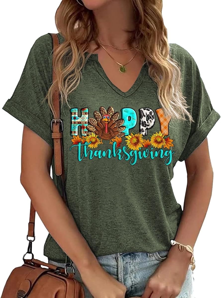 Earlymemb Women Fall Halloween Doodles V Neck Shirt Thanksgiving Casual Tee