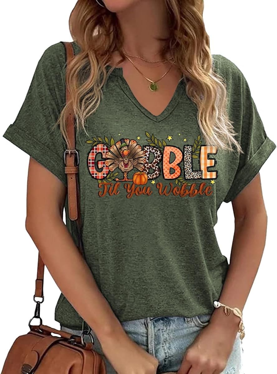 Earlymemb Women Fall Halloween Doodles V Neck Shirt Thanksgiving Casual Tee