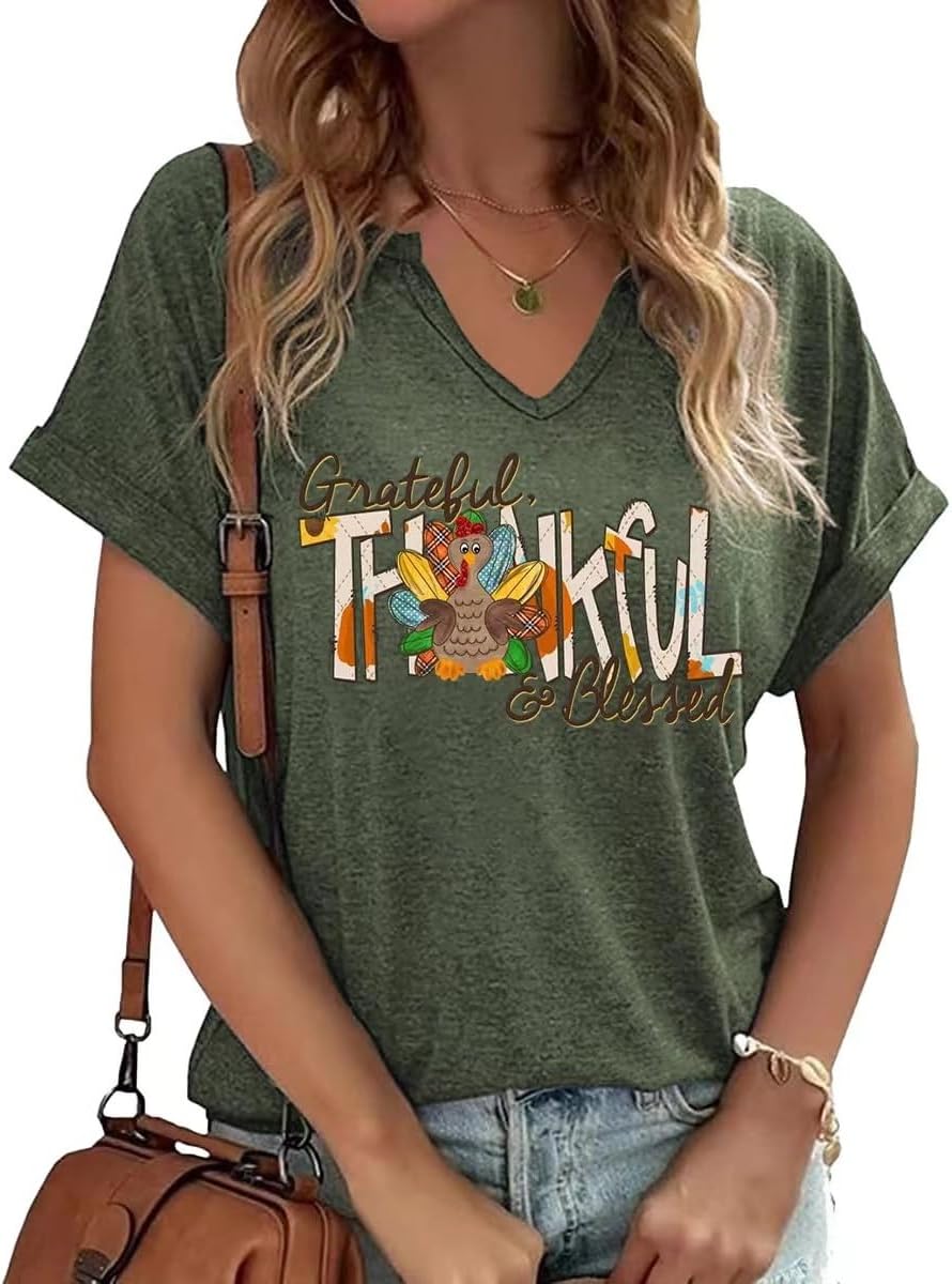 Earlymemb Women Fall Halloween Doodles V Neck Shirt Thanksgiving Casual Tee