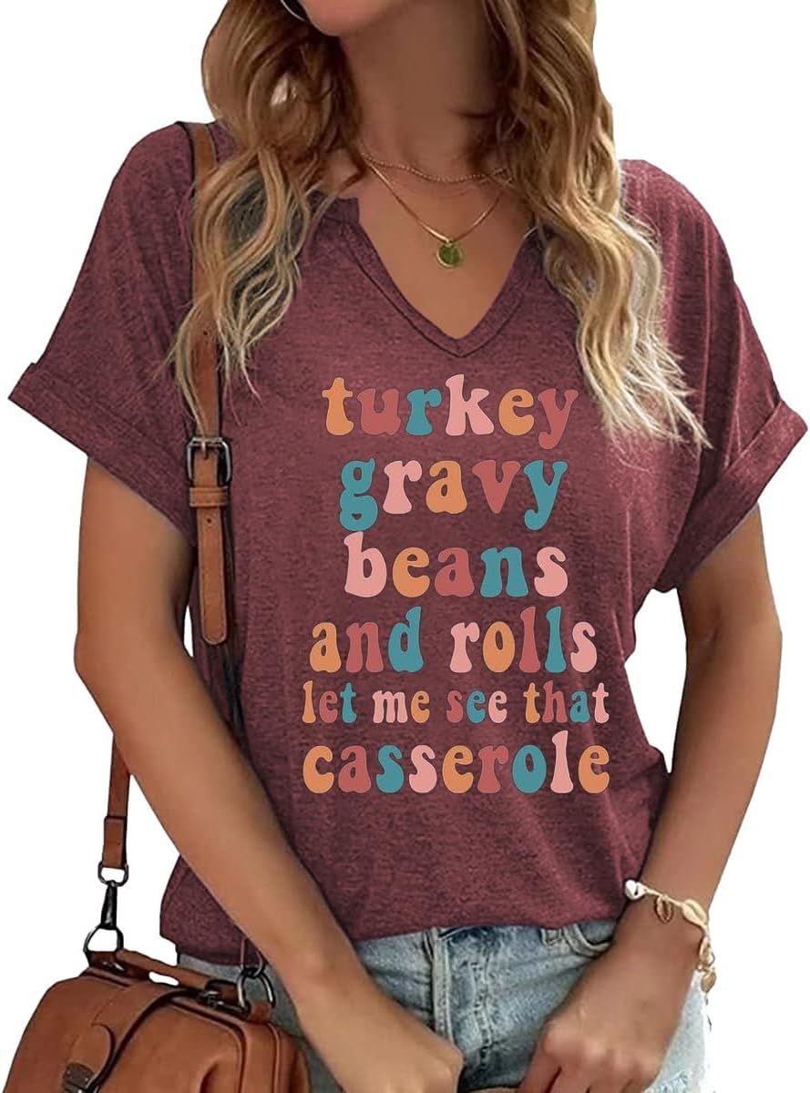 Earlymemb Women Fall Halloween Doodles V Neck Shirt Thanksgiving Casual Tee