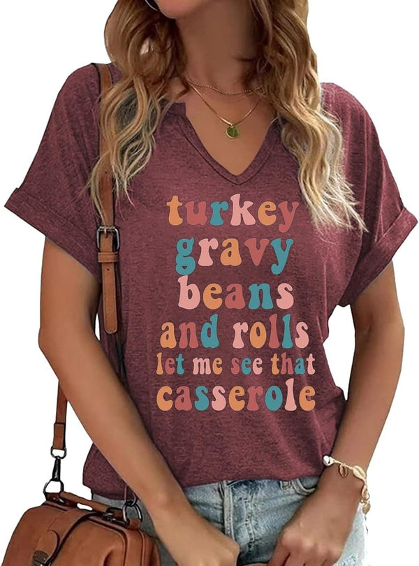 Earlymemb Women Fall Halloween Doodles V Neck Shirt Thanksgiving Casual Tee