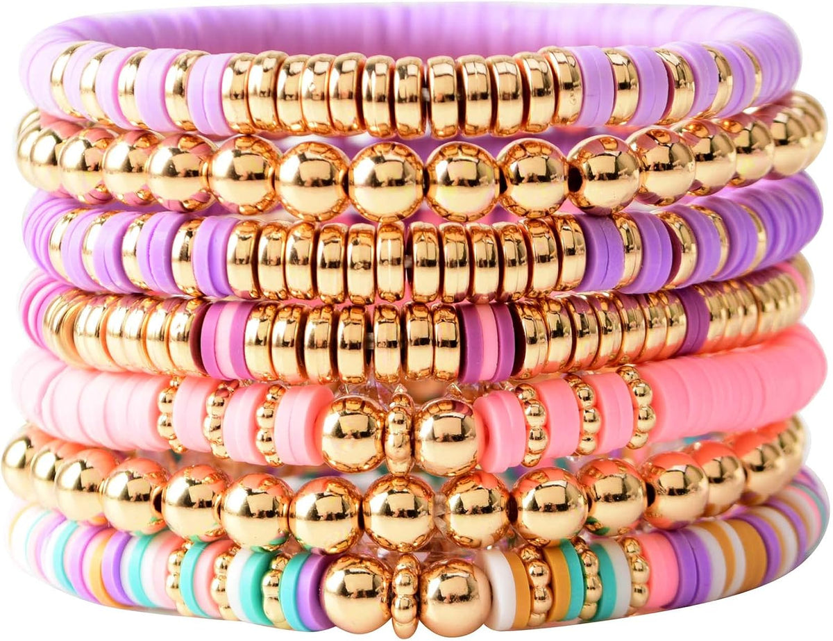 Surfer Heishi Clay Bead Bracelets for Women Bohemian Stackable Gold Plated Beaded Stretch Bracelets Elastic Layering Friendship Bracelets Set Boho Jewelry
