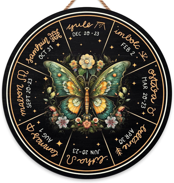 RIVEENY Wheel Of The Year Wall Hanging，12"Wheel Of The Year Wood Sign, Sabbats Pagan Witch Sign, Wiccan Holidays, Wicca Calendar, Yule Altar, Celestial Sign (GJ017)
