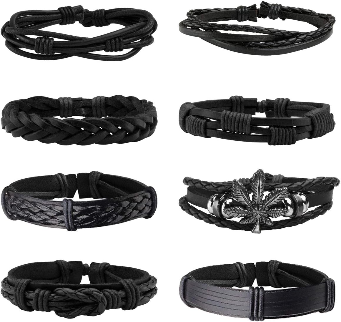 6-12PCS Braided Faux Leather Bracelet Punk Cuff Wrap Bracelets for Men Women Adjustable