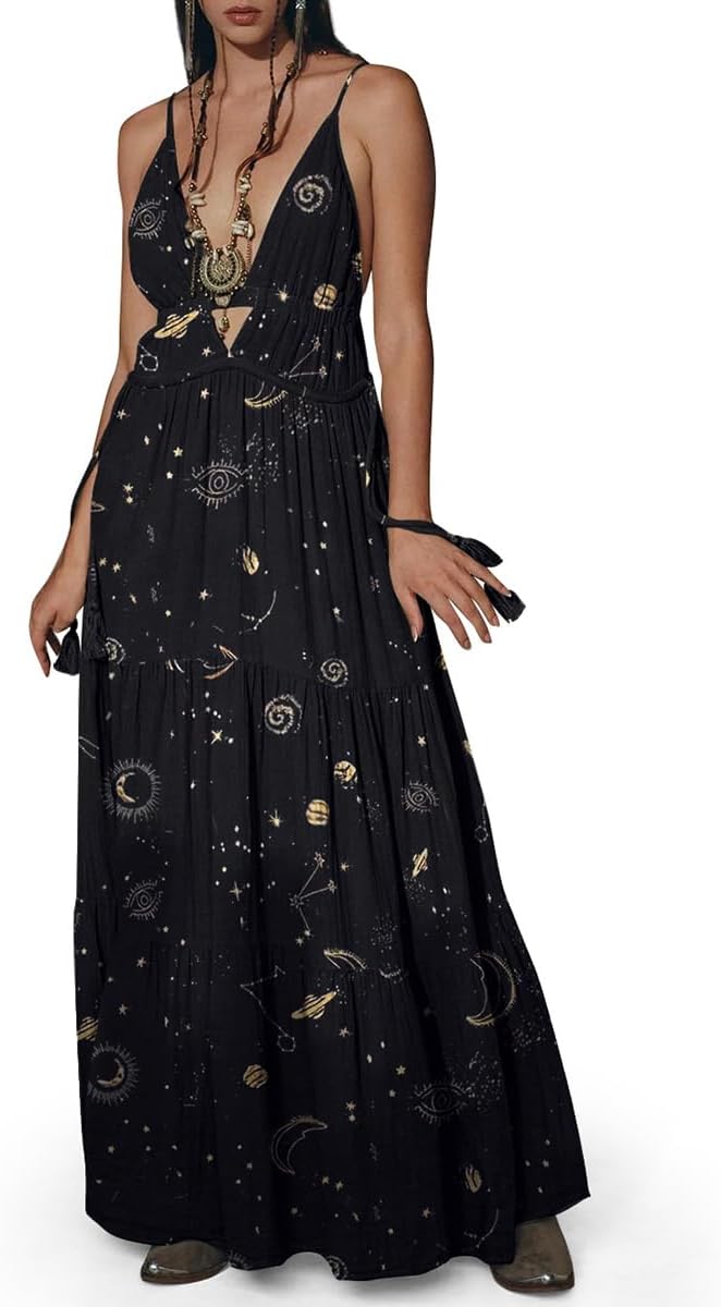 Womens Summer Sun Dresses Mystical Gothic Maxi Dress Casual Floral Witch Dress Date Dress Halloween Outfits