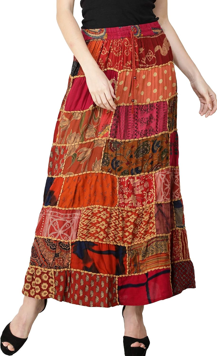 Exotic India Long Printed Dori Skirt from Gujarat with Patch Work - Rayon