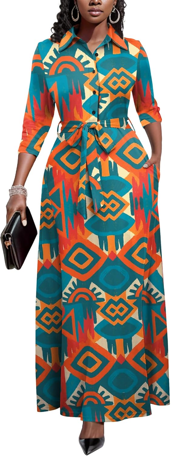Runwind Womens Maxi Dress 3/4 Sleeve Button Down Church Dress with Pockets