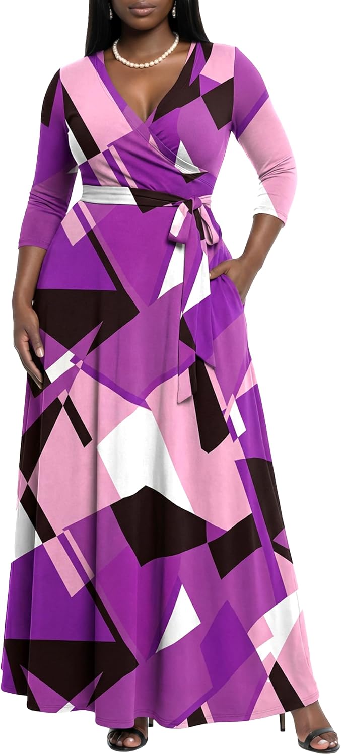 AOMONI Women's Maxi Dresses Summer Casual Wrap Tie Waist Long Dress