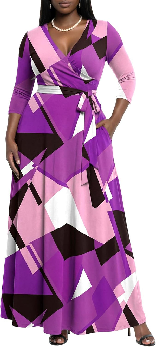 AOMONI Women's Maxi Dresses Summer Casual Wrap Tie Waist Long Dress