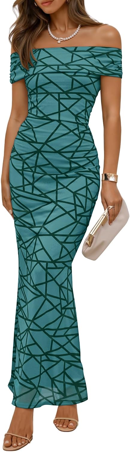 ZESICA Women's Summer Off Shoulder Floral Bodycon Ruched Maxi Formal Dress