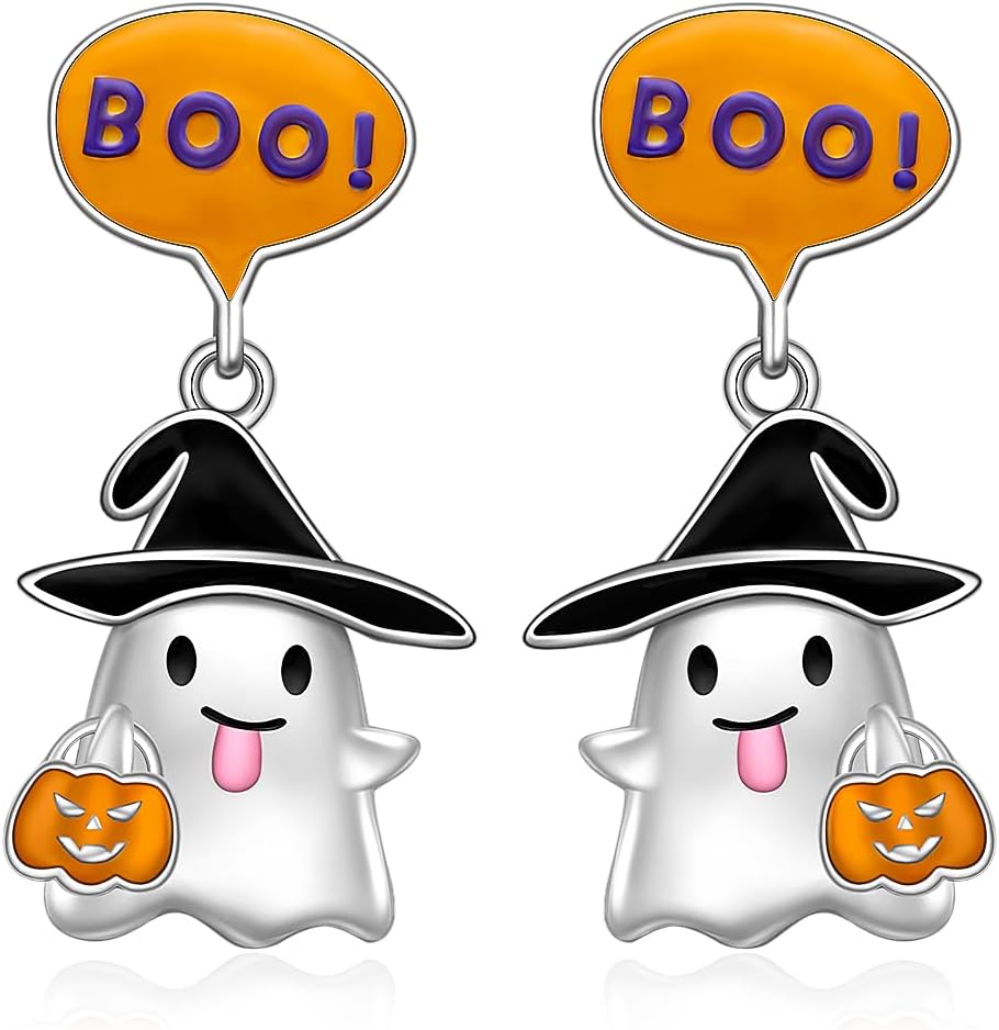 Halloween Earrings S925 Sterling Silver Ghost Bat Spider Cat Jewelry Gift