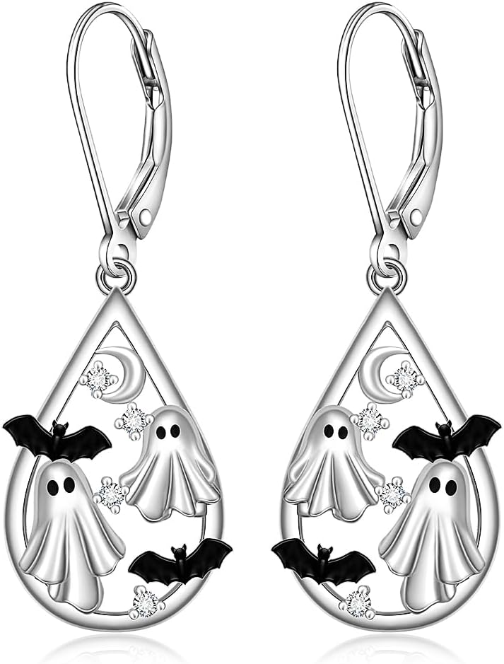 Halloween Earrings S925 Sterling Silver Ghost Bat Spider Cat Jewelry Gift