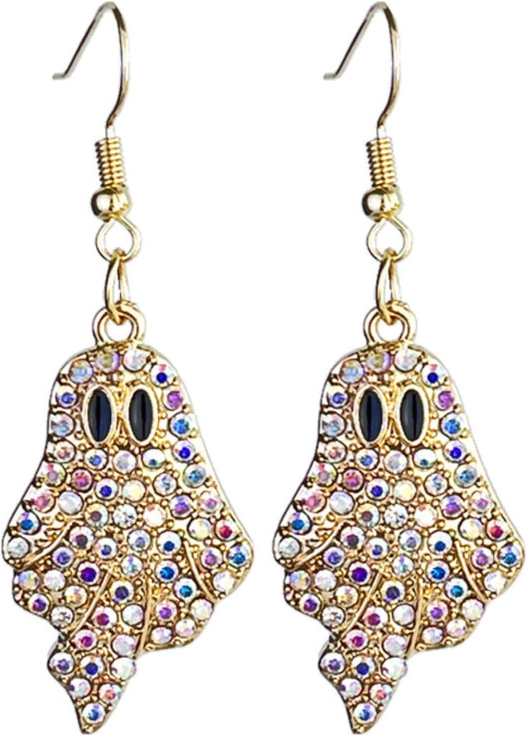 Halloween Pumpkin Ghost Earrings Sparkly Rhinestone Dangle Earring for Women