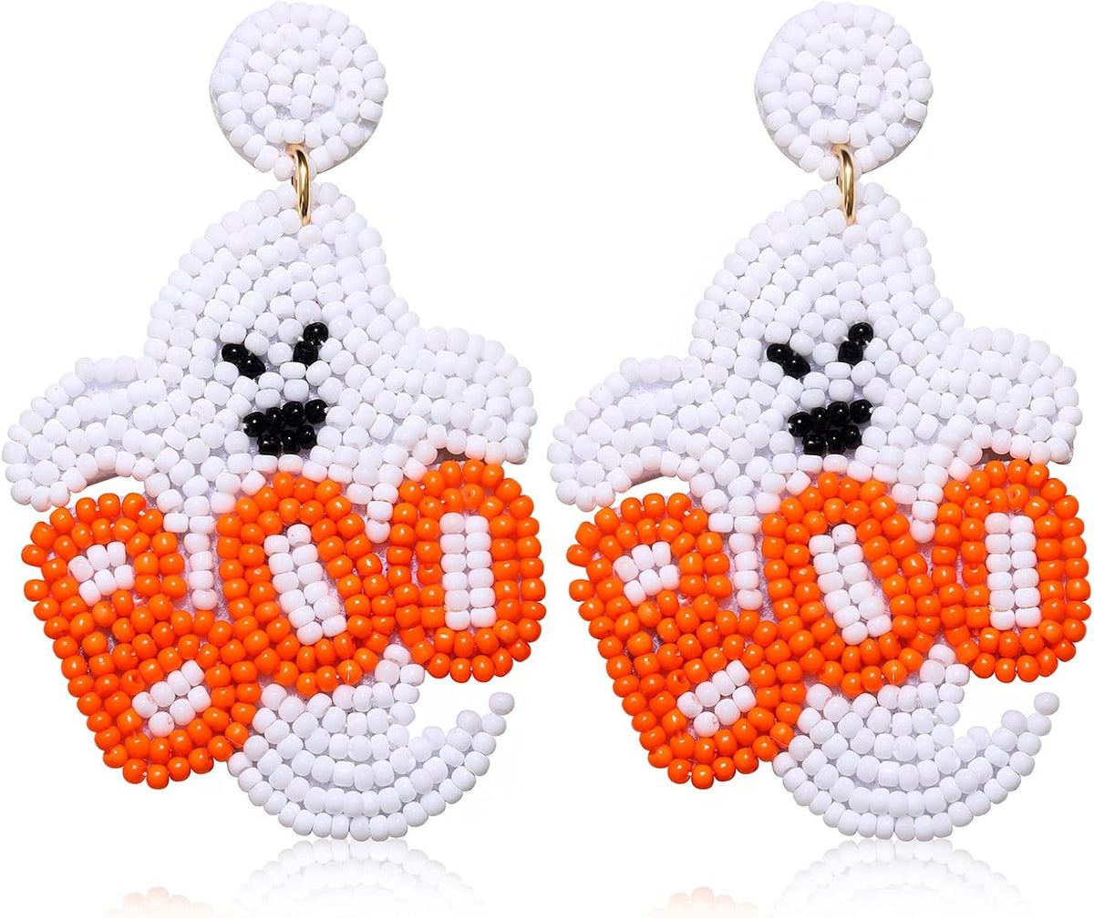 Halloween Beaded Boo Earrings for Women - Spooky Ghost Pumpkin Drop Dangle Jewelry - Handmade Gothic Costume Party Holiday Festive Gifts
