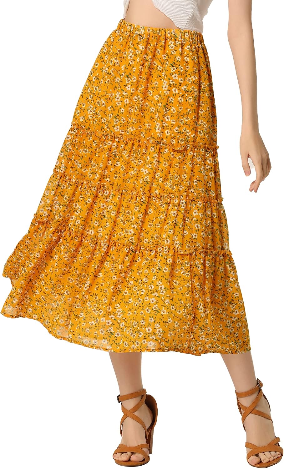 Allegra K Women's Floral Skirt Chiffon A-line Long Tiered Ruffle Maxi Skirt