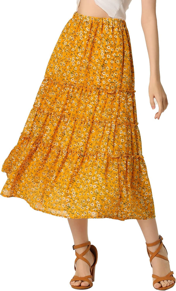 Allegra K Women's Floral Skirt Chiffon A-line Long Tiered Ruffle Maxi Skirt