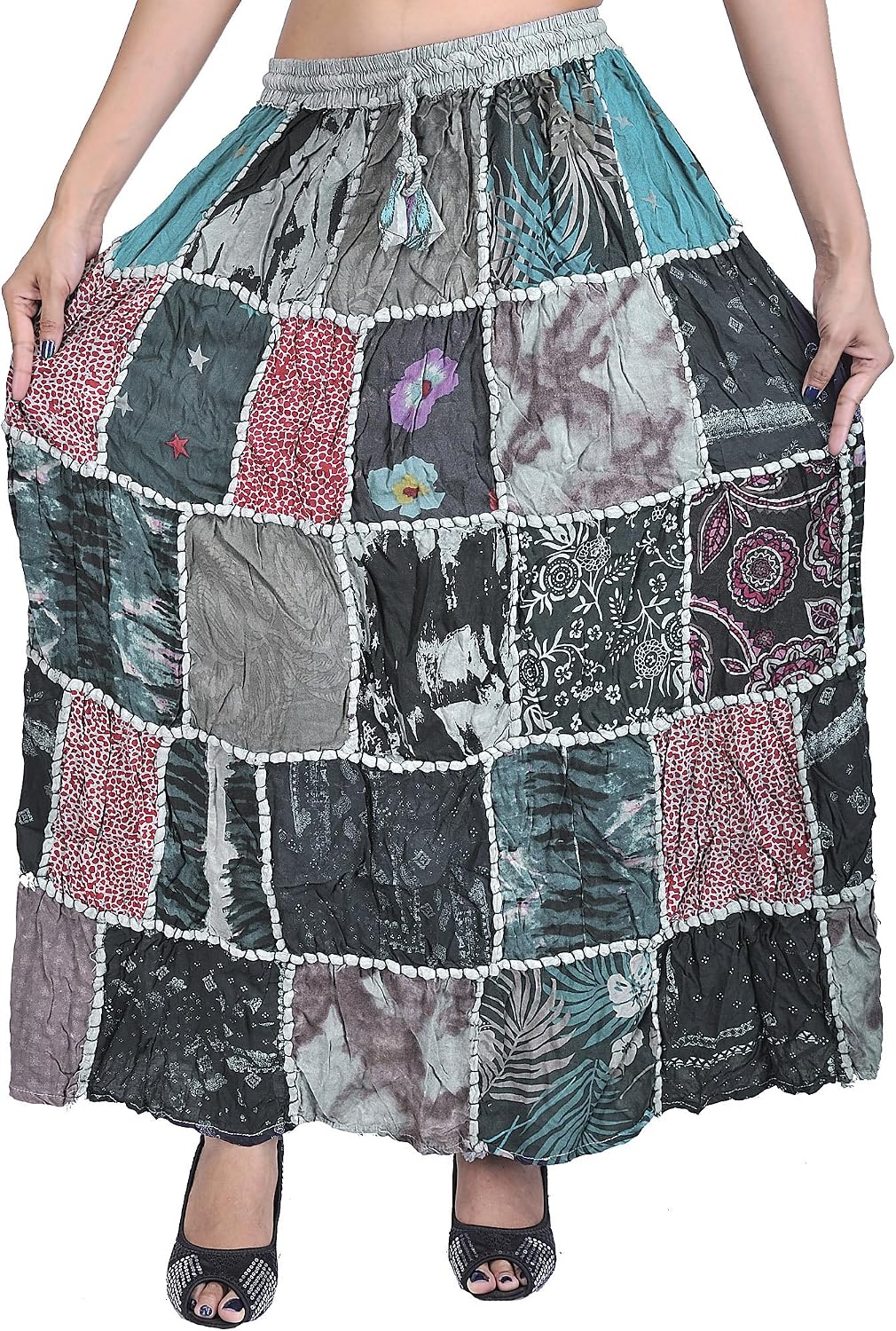 Exotic India Long Printed Dori Skirt from Gujarat with Patch Work - Rayon