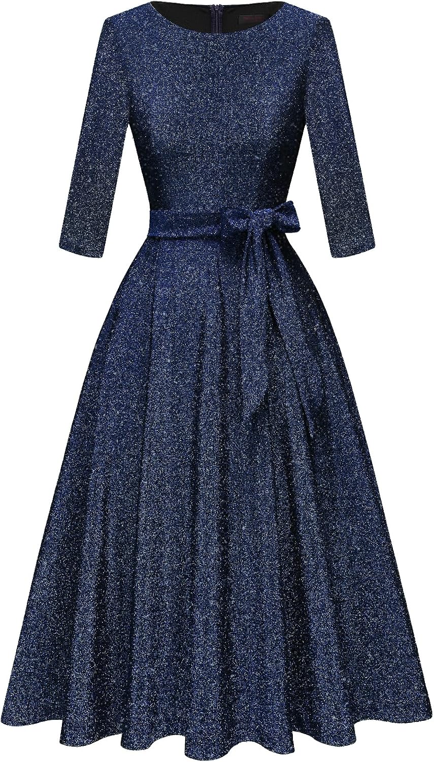 DRESSTELLS Cocktail Dresses for Women, Vintage Wedding Guest 3/4 Sleeves Formal Church Tea Dress
