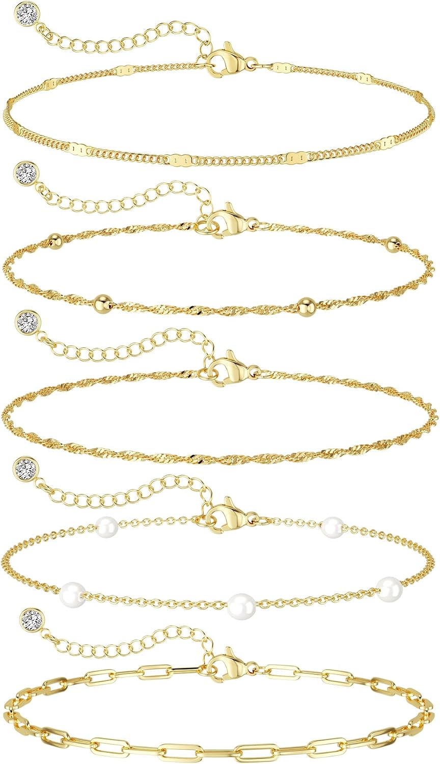 Dainty Simple Gold Bracelets for Women, Stackable Satellite Paperclip Lip 14K Gold Plated Bracelet Set Tiny Lip Dot Chain Box Link for Minimalist Gift Cute Trendy Jewelry Gold Accessories for Women