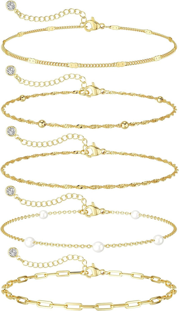 Dainty Simple Gold Bracelets for Women, Stackable Satellite Paperclip Lip 14K Gold Plated Bracelet Set Tiny Lip Dot Chain Box Link for Minimalist Gift Cute Trendy Jewelry Gold Accessories for Women