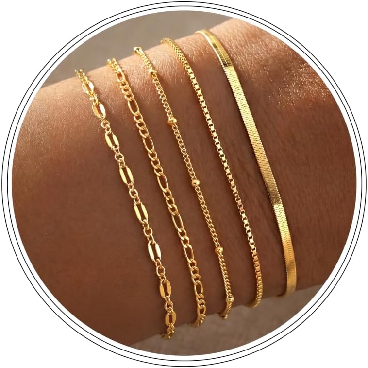 Dainty Simple Gold Bracelets for Women, Stackable Satellite Paperclip Lip 14K Gold Plated Bracelet Set Tiny Lip Dot Chain Box Link for Minimalist Gift Cute Trendy Jewelry Gold Accessories for Women