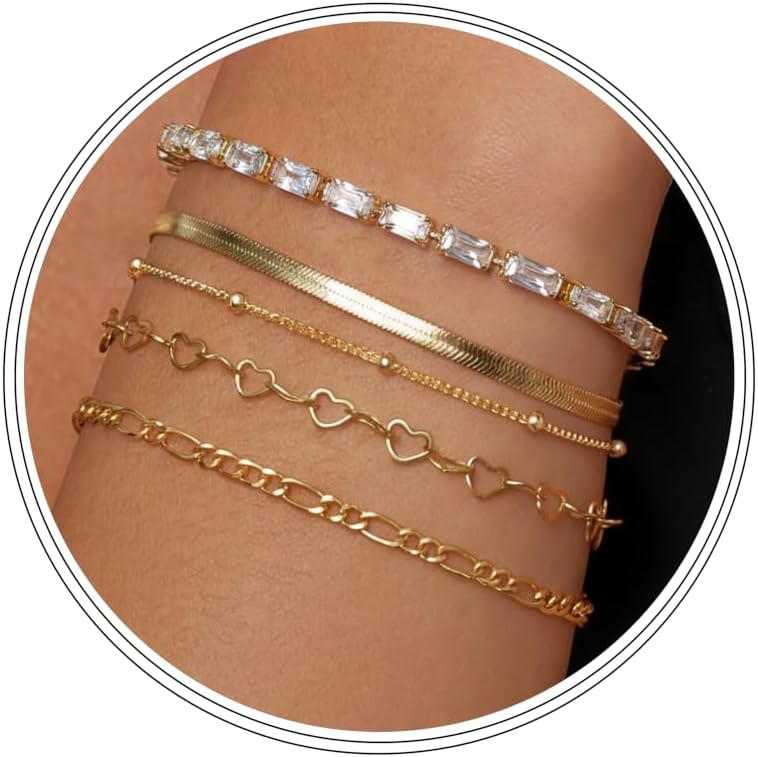 Dainty Simple Gold Bracelets for Women, Stackable Satellite Paperclip Lip 14K Gold Plated Bracelet Set Tiny Lip Dot Chain Box Link for Minimalist Gift Cute Trendy Jewelry Gold Accessories for Women